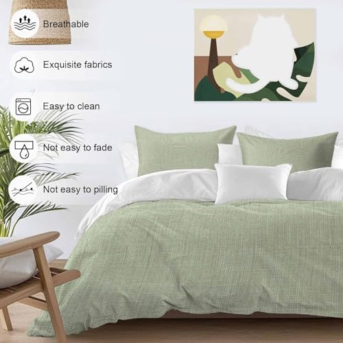 Sage Green Burlap Texture Duvet Cover Set, Farmhouse Vintage Sage