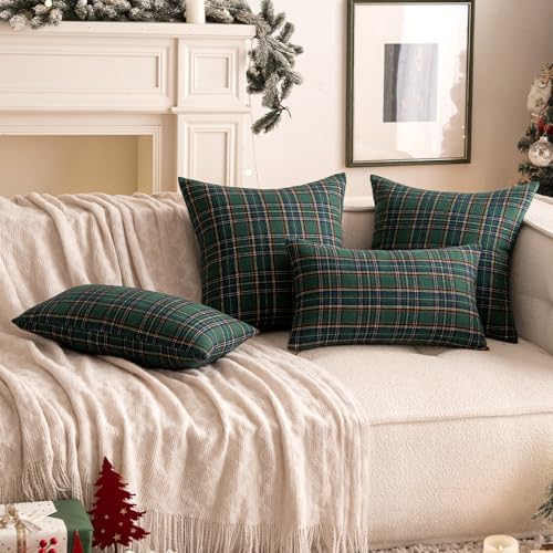 Christmas Scottish Plaid Throw Pillow Covers 18x18 Green Set of 2