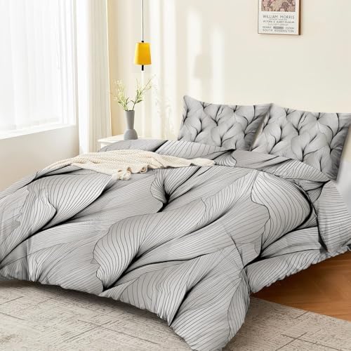 Soft Breathable Microfiber Grey Duvet Cover - Minimalist Modern Leaf