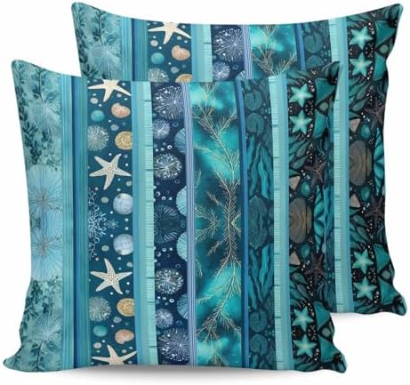 Teal Blue Starfish Coastal Pillow Covers 20x20 Set of 2, Nautical