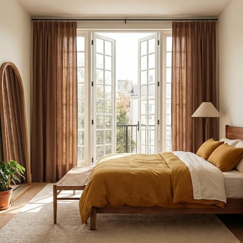 NICETOWN Pinch Pleated Linen Gold Brown Curtains 96 inches Long, Flax