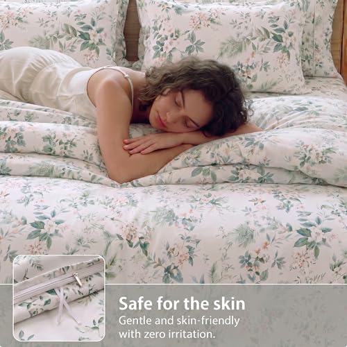 100% Cotton Pink Floral Duvet Cover Queen Size – Green Botanical Duvet
