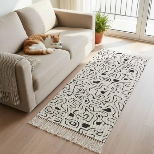 Abstract Boho Hallway Runner Rug 2'x5', Modern Fluid Lines Black Gray