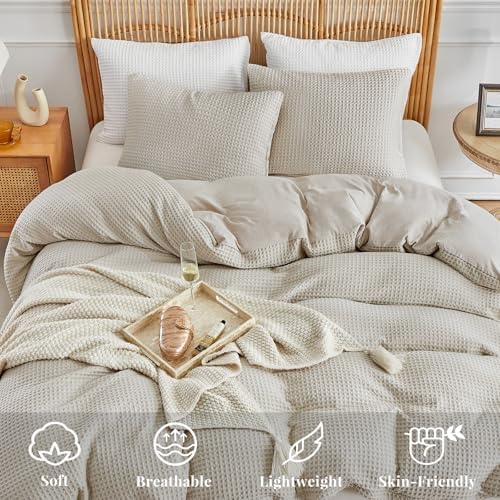 WARMDERN Waffle Weave Khaki Duvet Cover Set Twin Size, Textured