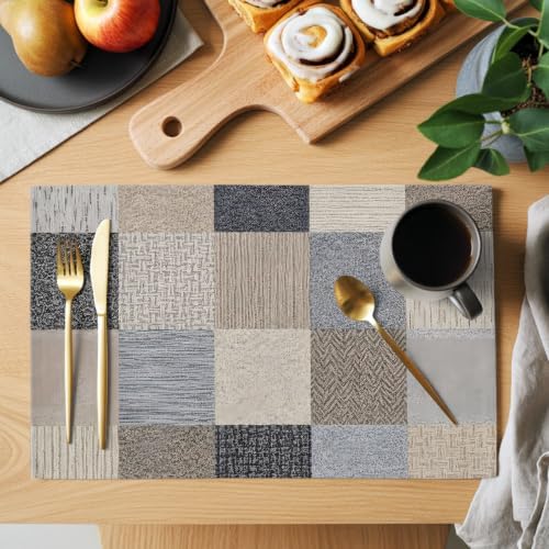 Khaki Grey Woven Placemats Set of 8, Modern Minimalist Patchwork Linen