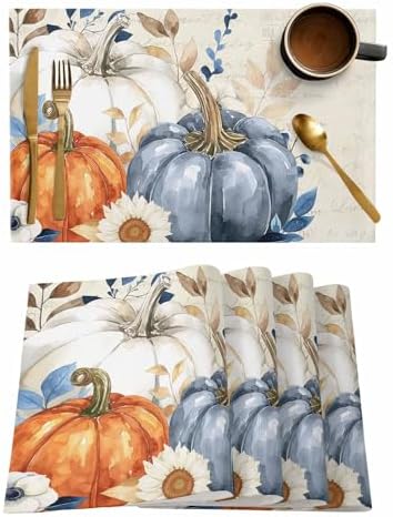 Placemats Set of 8, Fall Beige Pumpkin Woven Placemat, Linen Place