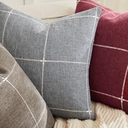 2 Packs Grid Embroidery Throw Pillow Covers 22x22in Burgundy