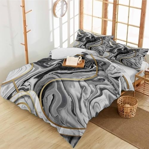 Duvet Cover Set Queen, Abstract Gray Gold Marble Texture 3 Piece