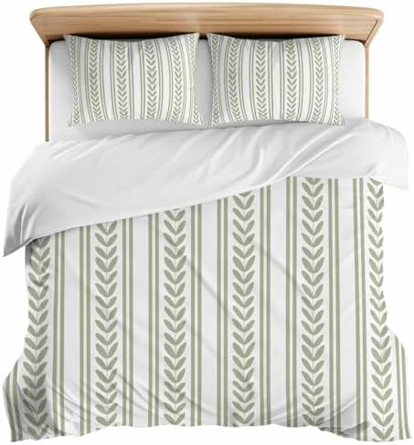 3 Pieces Bedding Set Queen Size, Sage Green Botanical Soft Duvet