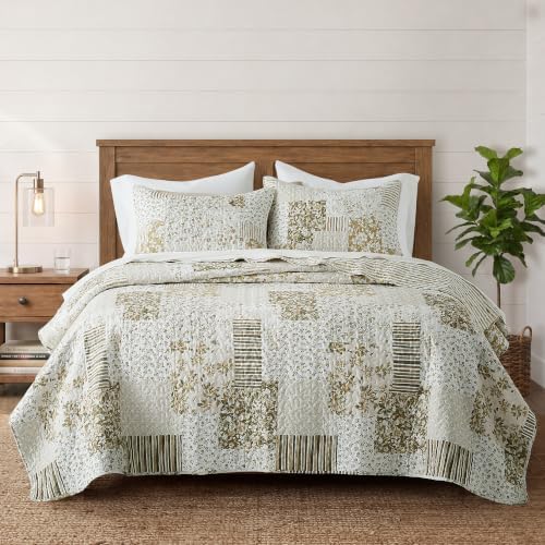HORIMOTE HOME Patchwork Quilt Set King Size, Beige Plaid Floral Stripe