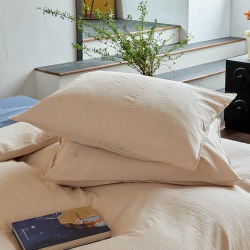 Queen Size Washed Cotton Duvet Cover Set, 3 Pieces Linen Like Cooling