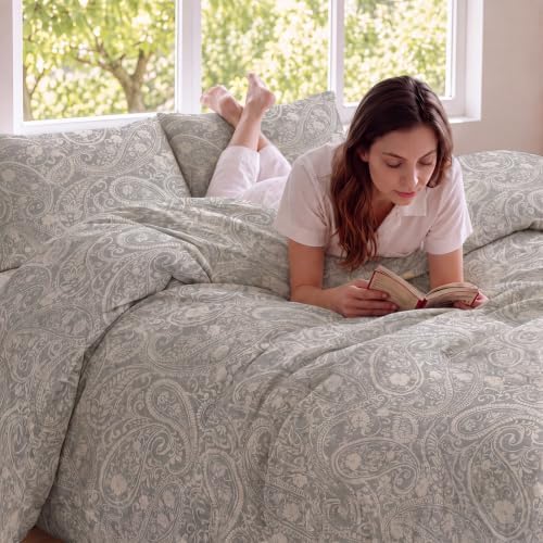 Linen Cotton Duvet Cover Set King Size, Grey Paisley Bedding Set