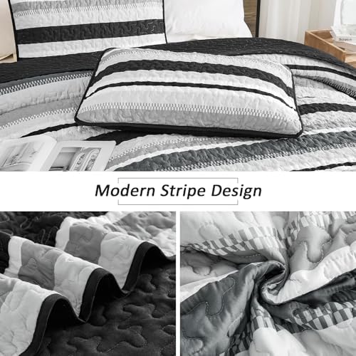 WONGS BEDDING Striped Quilts King Size Set, Black Lightweight