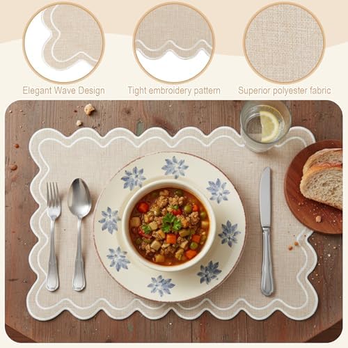 Set of 4 Cotton Linen Scalloped Placemats, Beige