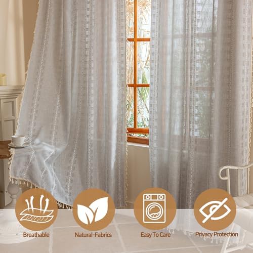 Light Gray Boho Semi Sheer Curtains 63 inch Length 2 Panel Set for