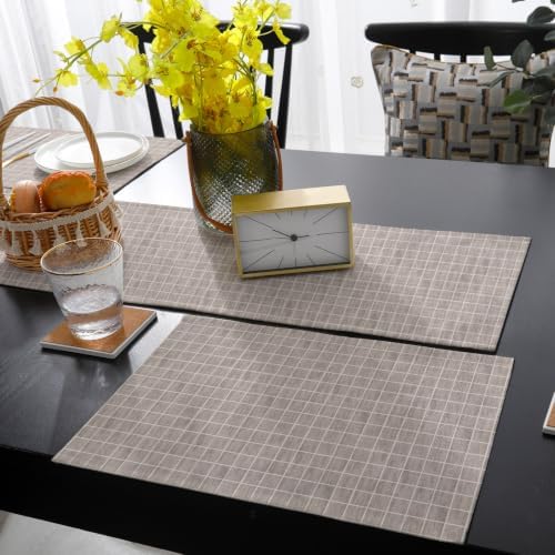 Taupe Plaid Table Mats Set of 6 with Table Runner 90 Inches