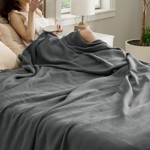 Bedsure Dark Grey Woven Blanket and Beige Linen Waffle Weave