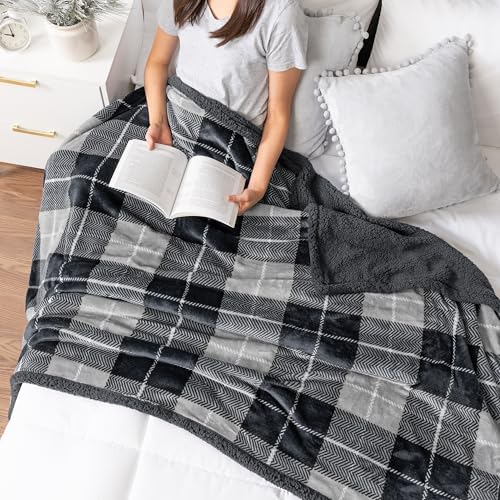 PAVILIA Twin Plaid Sherpa Throw Blanket for Couch Sofa Bed Dark Grey