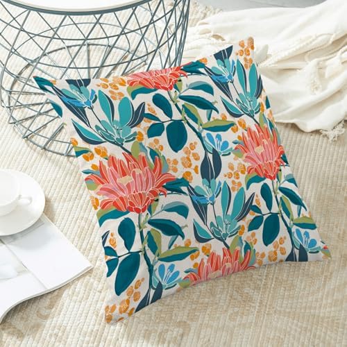 Boho Floral Pillow Covers 18x18 Inch Set of 2 Teal Coral Leaf Floral
