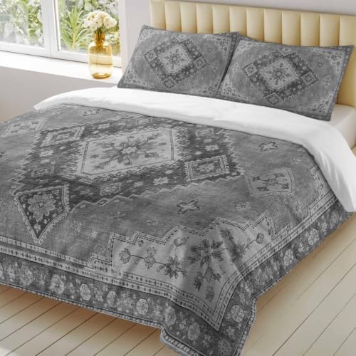 Duvet Cover Full Size, Grey Boho 3-Piece Bedding Quilt/Comforter