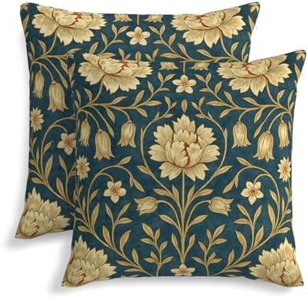 Blue Brown Red Vintage Floral Decorative Pillow Covers 18x18 Inch Set