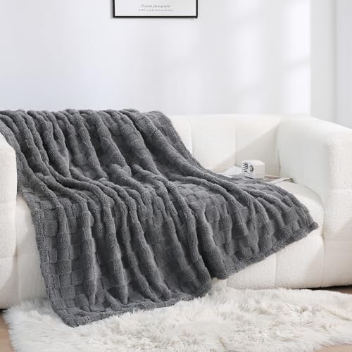 Grey Fleece Throw Blanket 50”×60”Checkered Design for Couch Sofa
