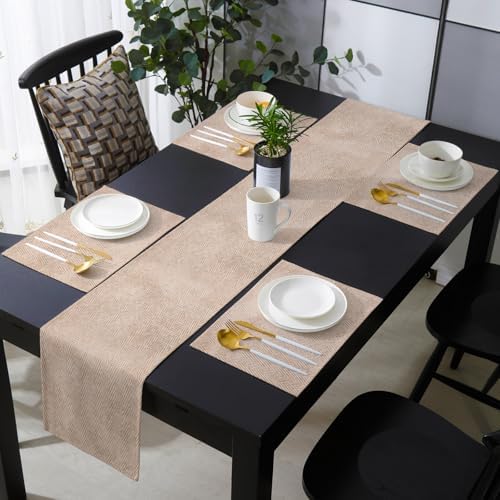 Beige Burlap Texture Table Runner and Placemats for Dining