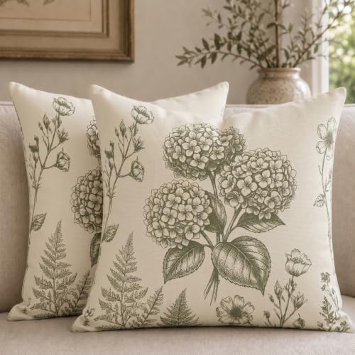 B BBPM Sage Green Hydrangea Pillow Covers Set of 2, 22x22 Vintage