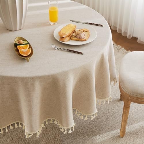 Tassel Linen Round Table Cloth, Natural 52 Inch