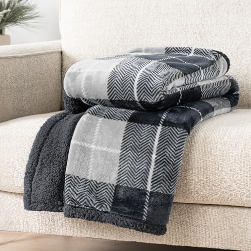 PAVILIA Twin Plaid Sherpa Throw Blanket for Couch Sofa Bed Dark Grey