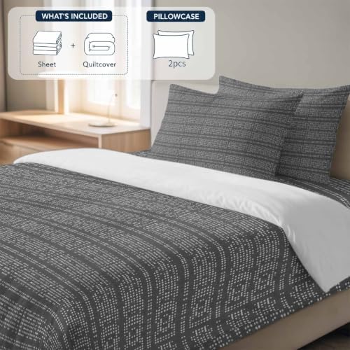 Full Duvet Cover Set 4 Piece, Gradient Gray Boho Geometric Soft