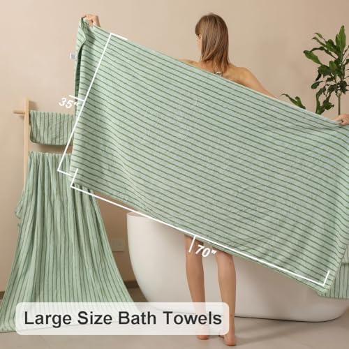 8 Pcs Green Cabana Stripe Large Bath Towel Set Oversized Bath Sheet-2