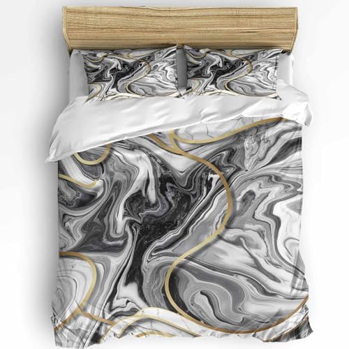 Duvet Cover Set Queen, Abstract Gray Gold Marble Texture 3 Piece