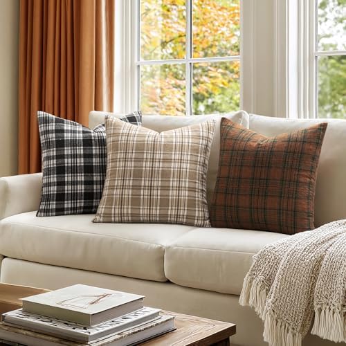 Fall Scottish Plaid Throw Pillow Covers 18x18 Orange Green Set of 2