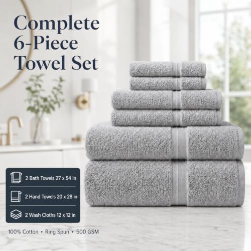 Trueloom 6 Piece Cotton Towel Set, 100% Cotton, 500 GSM Ring Spun Bath