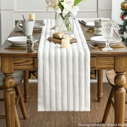 Artoid Mode Ivory Soft Plush Faux Fur Jacquard Table Runner, Holiday