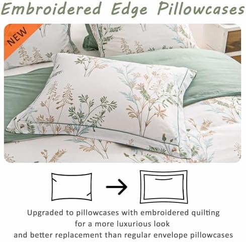 ALEISSEL Sage Green Modern Botanical Cotton Duvet Cover Set Queen Size