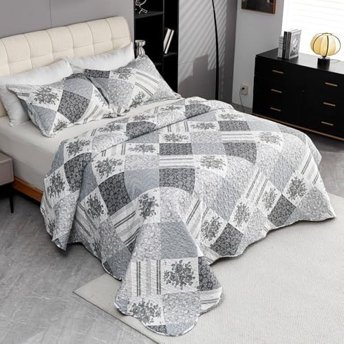 Cmfshape Summer Floral King Bedspread,Romantic Grey Quilt Set