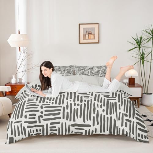 jejeloiu Gray and Beige Duvet Cover Queen Size Brushstroke Print