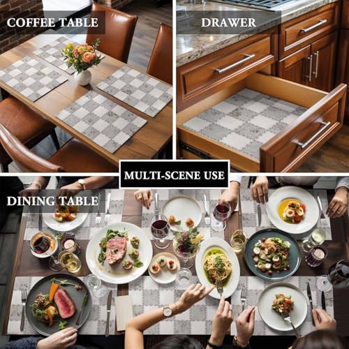 Cream Gray Checkered Placemats Set of 8, Cotton Linen Fabric Place