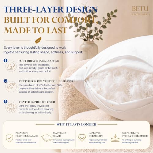 BETU 20x20 Pillow Inserts,Set of 2 Feather Down Throw Pillows for