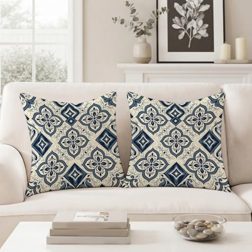 Navy Blue Damask Medallion Mediterranean Throw Pillow Covers 22x22 Set