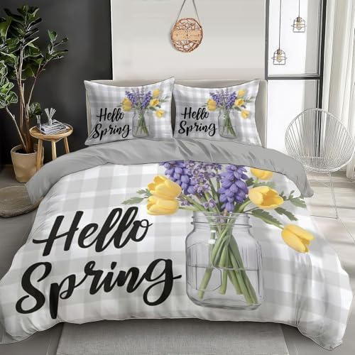 Spring Plant Illustration Duvet Cover King Size, Hand-Drawn Plaid