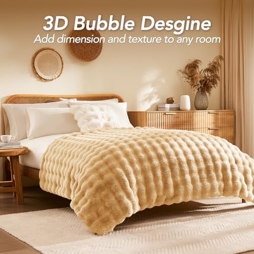 L'AGRATY Faux Rabbit Fur Throw Blanket for Couch, 60''x80'', Milk Tea
