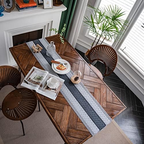 Hsvanyr Grey Farmhouse Long Macrame Tablecloth Runner Cotton Linen