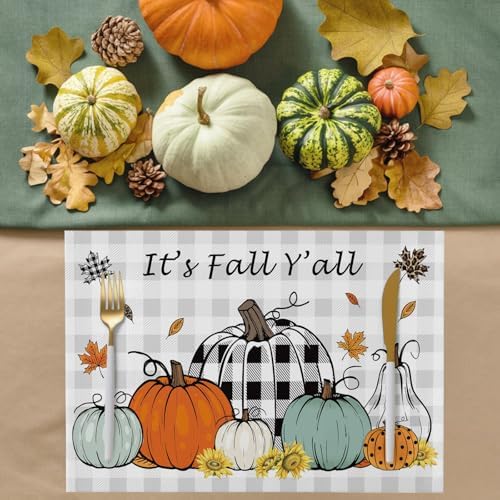 Fall Grey Placemats Set of 8,Cotton Linen Fabric Place