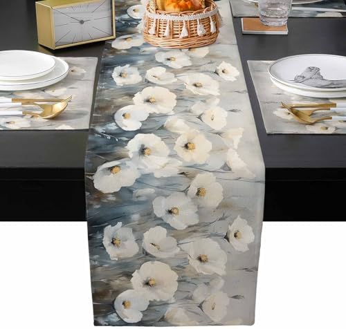 Rural White Flowers Painting Table Runner and Placemats Set of 4