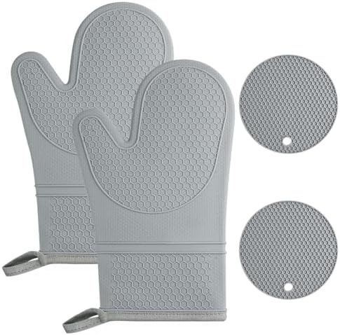 AUAUY Oven Mitts with 2 Potholders, Silicone Oven Gloves, Grey