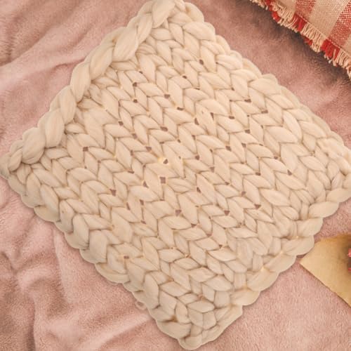Handmade Knitted Chunky Throw Blanket Beige 50x50cm Woolen Yarn Xmas