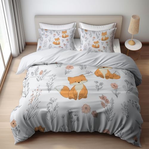 King Duvet Cover Set Soft Microfiber Animal Wildflowers White